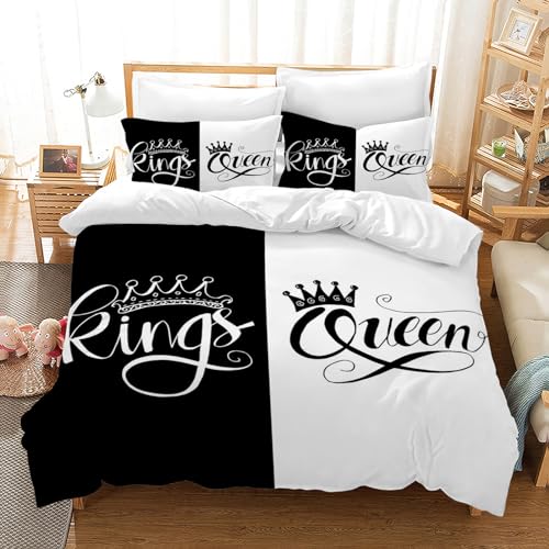 Funda Nórdica King y Queen Blanca y Negra de Matrimonio - Juego de Ropa de Cama para Parejas - Incluye 1 Funda Nórdica y 2 Fundas de Almohada (B, 135x200cm)