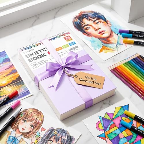 Image of Soucolor 9x12 Sketch Book,100 Sheets Drawing Paper,Sketchbook for Teen Girl | Top Spiral Bound 68lb acid-free paper, Micro-perforated pages,Lay-flat top spiral ,Great for pencils, Pens & All dry media