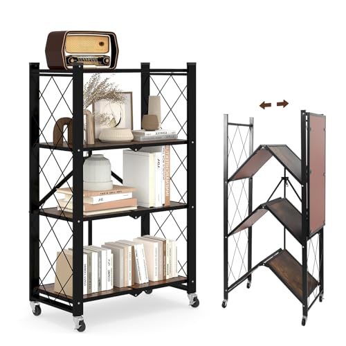 Image of 4 Tier Folding Shelf with Wheels, Wood and Metal Bookshelf