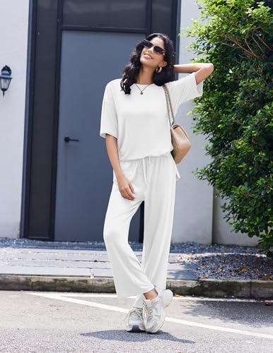 Image of Ekouaer Lounge Sets for Women Short Sleeve Tops and Long Pants Soft Comfy Pajamas Set 2 Piece Outfits