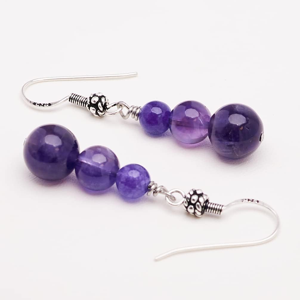 Handmade Women's Natural Gemstone Triple Beads and Sterling Silver Dangle Drop Earrings | Gemstone Beaded Dangle Earrings Gift Ideas for Women, Girls
