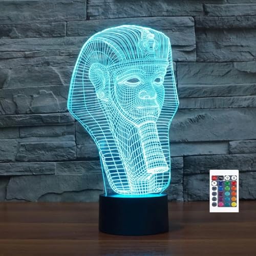 Veilleuse 3D en forme de pharaon égyptien 7/16 LED à changement de couleur avec télécommande - Lampe de bureau en acrylique - Base plate en ABS -...