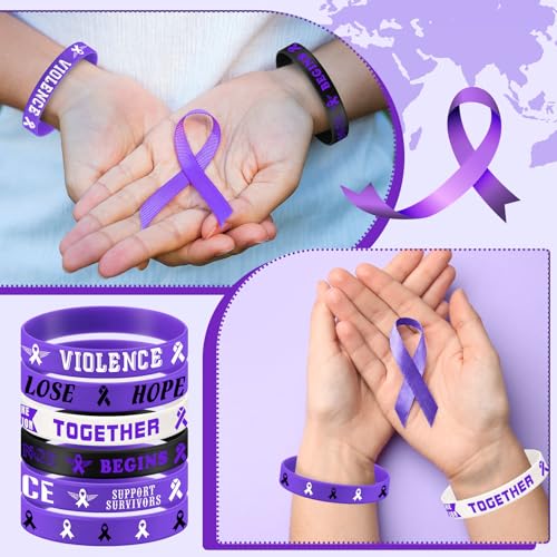 Image of Landical 120 Pcs Domestic Violence Awareness Bracelets Bulk End Domestic Violence Silicone Wristbands Purple Ribbon Awareness Bracelets