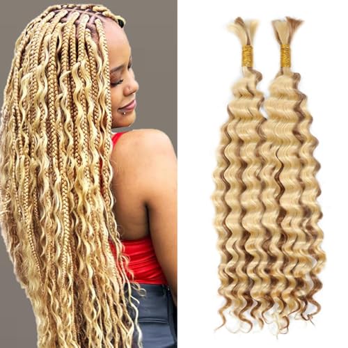 P27/613 Highlight Human Braiding Hair for Boho Braids 110g 3 Bundles 26 26 Inch Blonde Deep Wave Bulk Hair P27613 Curly Human Hair Extensions for Braids