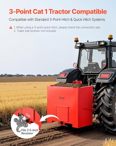 Image of VEVOR Ballast Box, 3-Point Category 1 Tractor Ballast of 800 lbs Capacity, with Standard 2 Inch Hitch Receiver, Heavy-Duty Steel 5 ft Large Volume Durable Loader Attachment with Sliding Door, Red