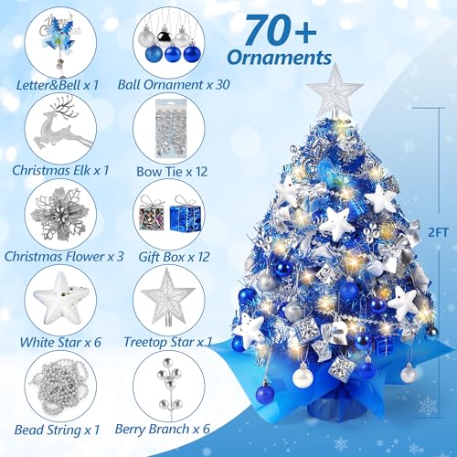 Image of 2FT Mini Christmas Tree, Blue Tabletop Christmas Tree, Prelit Small Christmas Tree with 60 LED Lights, 100 Lifelike Branches, 73 Ornaments, Artificial Xmas Tree for Home Indoor Decor