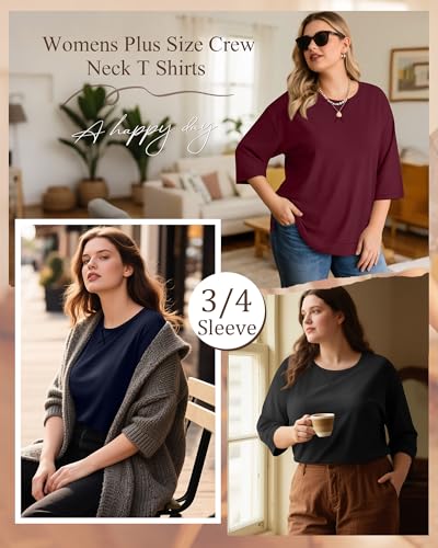 3 Pack Women's Plus Size 3/4 Sleeve Tops Cotton Side Slit Round Neck T-Shirt Loose Fit Casual Basic Tunic Tee2