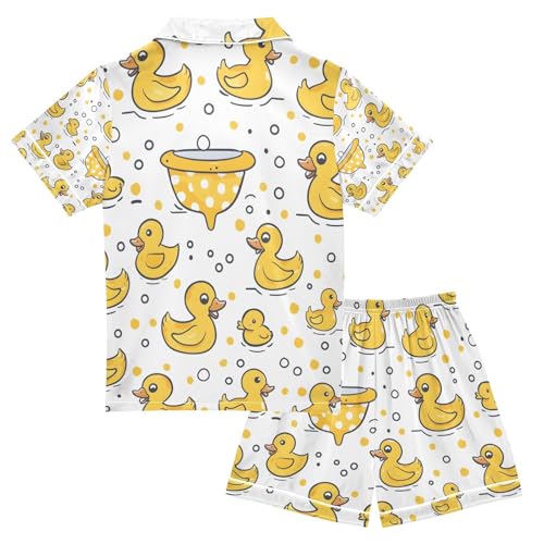 senya Yellow Duck Swimming Satin Summer Pajama Sets Silk Short Sleeve Button Down Sleepwear2