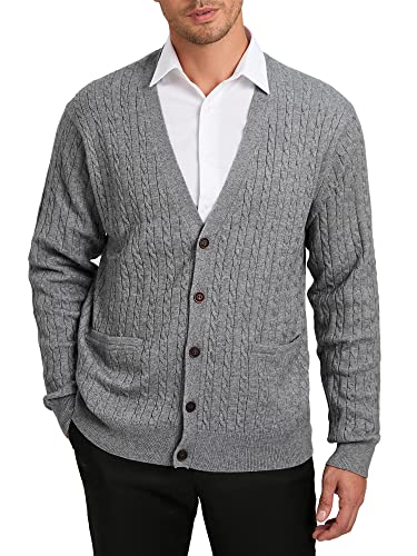 Kallspin Cárdigan de lana de cachemira para hombre, ajuste relajado, cuello en V, botones de punto con bolsillos, Cable Knit- Gris claro, X-Large alto Cover