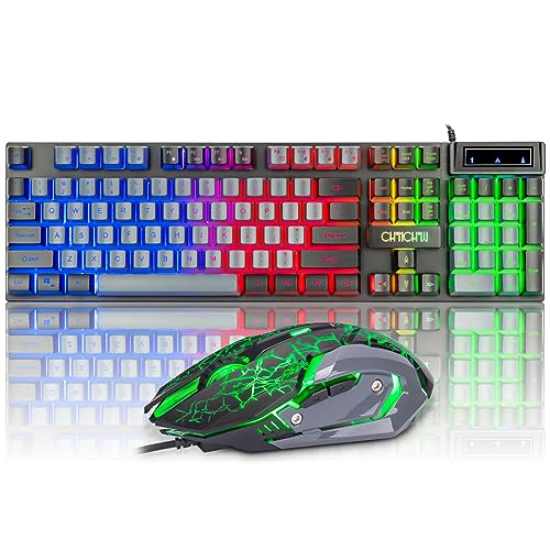 Gaming Keyboard and Mouse Combo USB Wired LED Rainbow Backlight 2 Color Keyboard 6 Button 2 Side-Button mice Mechanical Feel for Office Home Laptop Desktop Computer Black-Grey