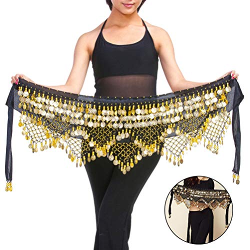 ARTIBETTER Lenço de dança do ventre com saias de moedas douradas, lenço de quadril para dança do ven