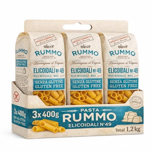 Pasta Rummo Elicoidali SIN Gluten nº 49, Pasta Italiana, Pasta alimenticia con harina de arroz integral y maíz, Sin gluten, Elaboración lenta, Tiempo de cocción 11 minutos, 3 Paquetes de 400 gr