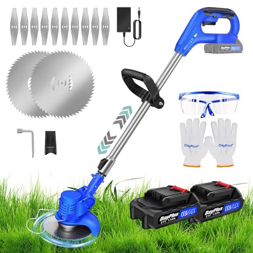 DayPlus Schnurloser Strimmer Rasentrimmer mit 2 Akkus, Leichter, einziehbarer, wiederaufladbarer Grasstrimmer Rasenmäher, für Garten, Hinterhof, Unkrautbeseitigung, Bäume