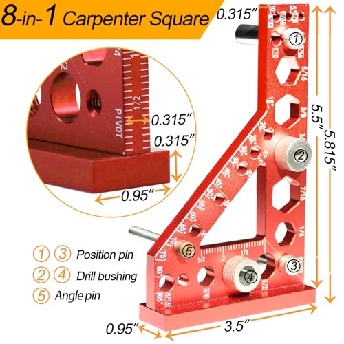 8-in-1 Carpenter Square and Center Finder, Small Aluminum Multi-Purpose Carpenter Tool with Center Marking Hole Woodworking, Metal Multi-Angle Measuring Ruler with Position Pin/Angle Pin/Drill Bushing - Image 4