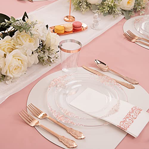 Hioasis 175Pcs Clear Rose Gold Plastic Plates - Rose Gold Disposable Plates Include 25 Dinner Plates,25 Salad Plates,25Forks,25 Knives,25 Spoons,25 Cups,25 Napkins For Wedding & Parties & Mother's Day #TOP4