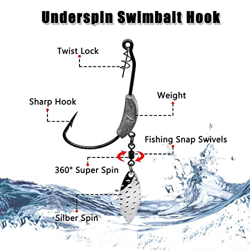 Cwsdxm Weighted Swimbait Hooks, 6Pcs Underspin Swimbait Hook With Twistlock, Weighted Crank Hooks With Gold/Silver Spinner Blades For Soft Fishing Lures #TOP2