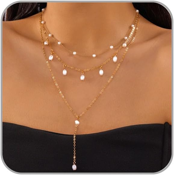 Gold Baroque Pearl Necklaces for Women Layered Beaded Pearl Necklaces Irregular Pearls Choker Necklace Pearls Y Shape Long Chain Necklace Boho Fashion Jewelry for Women