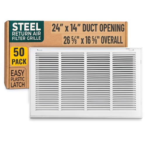 [50 Pack] Fits 24x14 Duct Opening | Steel Return Air Filter Grille by Handua [Removable Door] for 1-inch Filters | Vent Cover Grill | White | Easy-to-Use Plastic Latches | Out Dim: 26 5/8"W X 16 5/8"H