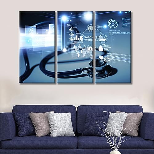 Image of 3 Panels Stethoscope and Medical Framed Wall Art Medical Stethoscope and Infographic Canvas Photo Art Prints Medical Prints for Wall Decor Giclee Gallery-Wrapped Posters and Prints (36 inch Wx24 H)