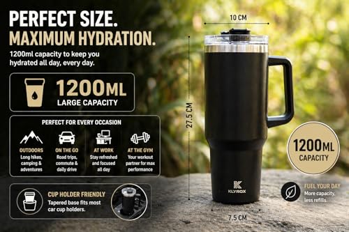 Image of 1200ml Stainless Steel Tumbler with Handle and Straw | Leak Proof Travel Mug | BPA Free Reusable Drinking Cup for Office, Travel, Gym & Car (Black) | Large Water Tumbler Bottle, Leak Resistant Sipper Cup, Reusable Travel Tumbler, BPA Free Lid