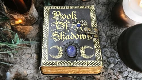 Image of Blank Spell Book of Shadows with Celtic Lapis Stone - Vintage Leather Journal with Lock, Grimoire Junk Journal, Leather Sketchbook Notebook, 200 Deckle Pages - Witchcraft Gift for Him & Her