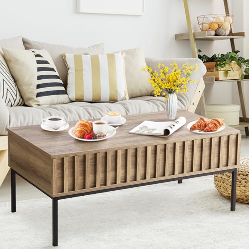43 Inch Coffee Table with Lift-up Top, Farmhouse Coffee Table with Wavy Wood Grain, Living Room Furniture with Hidden Compartment Storage Space, Furniture Clearance for Living Room and Office, Brown by GarveeHome - Used condition - Image 8
