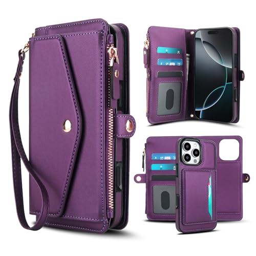Étui portefeuille en cuir violet pour iPhone 15 haute protection avec bandoulière