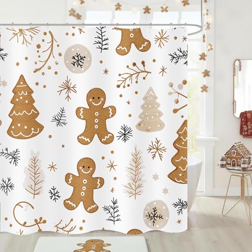 ZCHOMI Christmas Gingerbread Shower Curtain Gingerbread Man Cookies Xmas Tree Snowflake Winter Holiday Bathroom Curtains Waterproof Polyester Fabric Bath Curtain 72 x 72 Inch with 12 Hooks