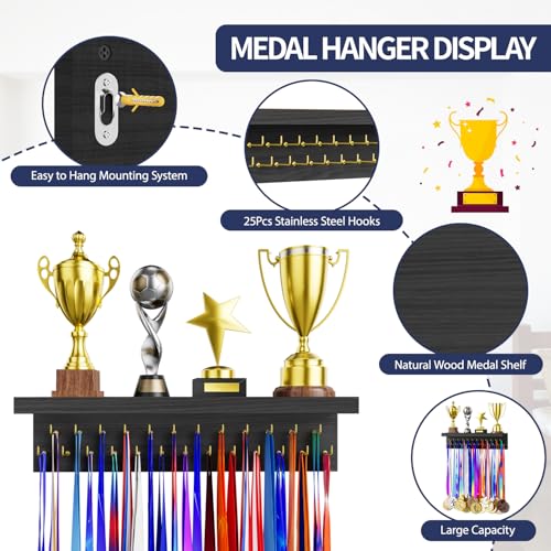 Image of Medal Holder Display Trophy Shelf Organizer, Sturdy Wooden Race Award Hanger Rack with 25 Steel Hooks, Wall Mount Storage Stand for Sports Fans, Cheer Success
