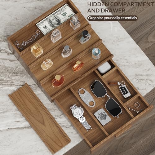 Image of Solid Walnut Cologne Organizer for Men, 4 Tier Cologne Stand Display Shelf | Wood Perfume Organizer, Cologne Holder with Drawer Storage and Hidden Compartment,Gift for Men Dad Husband Brother Boyfriend