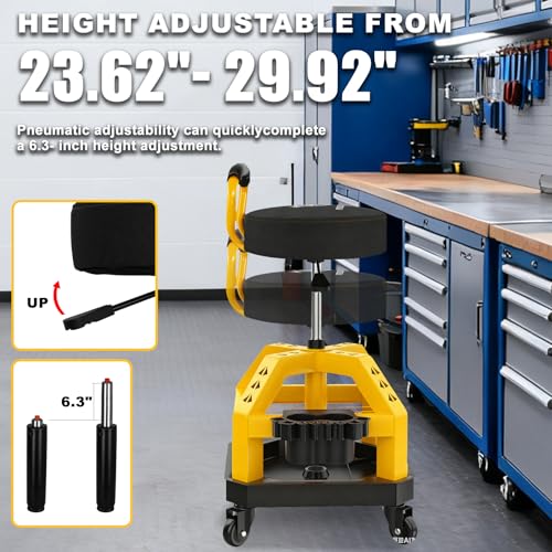 Image of Rolling Shop Stool with Wheels, Heavy Duty Garage Work Mechanic Stool with Backrest, Adjustable Height 360Swivel Rolling Chair with Tool Tray Storage, 330 LBS Capacity, Yellow