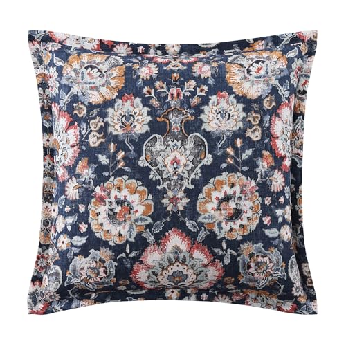 HiEnd Accents Derby Washed Linen Euro Sham, 27x27 inch, Sapphire Vintage Floral Print, Shabby Chic Casual Classic Traditional Bedding, Euro Pillow Cover