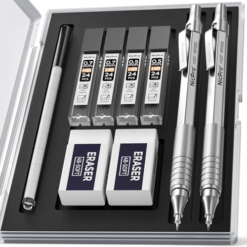 Nicpro 2 PCS Mechanical Pencil 0.5mm & 0.7 mm with Case, MP1000 Metal Artist Pencil Set with 4 Tubes HB Lead Refills, 2 Erasers, 9 Eraser Refills For Art Writing Drafting, Drawing, Sketch, Silver