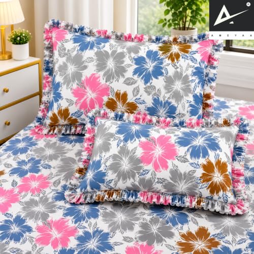 Image of King Size Fitted Bedsheet for Double Bed | 320 TC Cotton Feel Microfiber | All Around Elastic with 2 Frill Pillow Covers | Soft & Durable | (Multicolor Frill, Fitted - 72 x 78 Inch King)