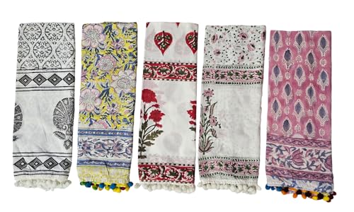 INDIANHANDICRAFTS 5 Pc Mix Lot Indian Cotton Scarves, Women Party Wear Hand Block Printed Dabu Print Scarf, Size 22x72 Inch