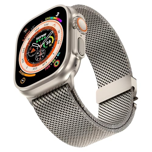 Image of GETSABLE Stainless Steel Mesh Loop Strap with Parachute-style Buckle Compatible with iwatch Ultra 2 /Ultra band 49mm, Series 10 46mm, 9 /8 /7 45mm, SE2 /SE /6 /5 /4 44mm, 3 /2 /1 42mm (Natural Titanium)