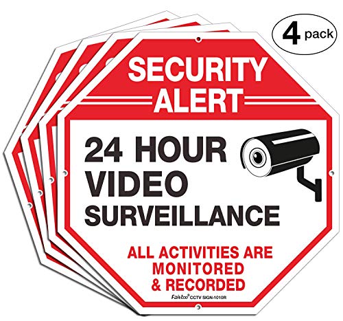 (4 Pack)"Security Alert, 24 Hour Video Surveillance, All Activities Monitored" Signs,10x10 Inches .040