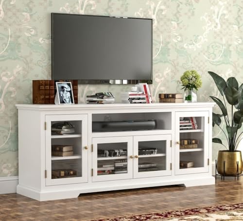 Image of Sheesham Solid Wood TV Cabinet for Living Room | Handcrafted Wooden TV Unit with Storage | Elegant Entertainment Stand for Modern Homes (Glass Tv Cabinet, White)