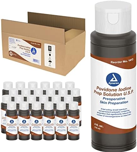 Dynarex Povidone-Iodine Prep Solution, Antiseptic Solution for Skin and Mucosa, Ideal for Surgical Site Preparation, Contains Povidone Iodine 10%,1 Case of 48 4 fl. oz. Povidone-Iodine Bottles