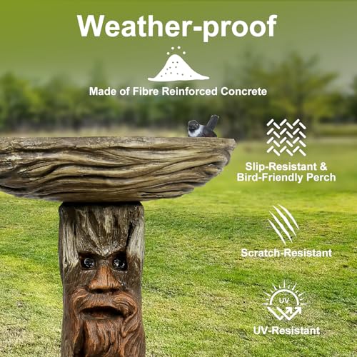 Image of SunJet 24 inch High x 19 inch Diameter Outdoor Bird Bath with Tree Face Pedestal - Fibre Reinforced Concrete Birdbaths with Decorative Birds for Garden, Patio, Yard, Lawn Decor