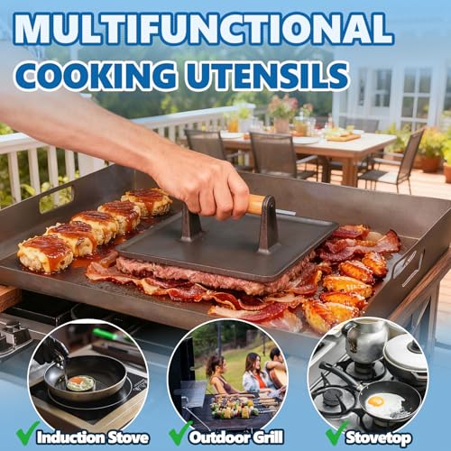 Image of SafBbcue 10 inch Square Cast Iron Burger Press Smash Burger Griddle Weight Press for Blackstone, Pitboss, Camp Chef Flat Top Grills Accessories, Bacon Press for griddle for Grill Cooking Accessories, 2PCS