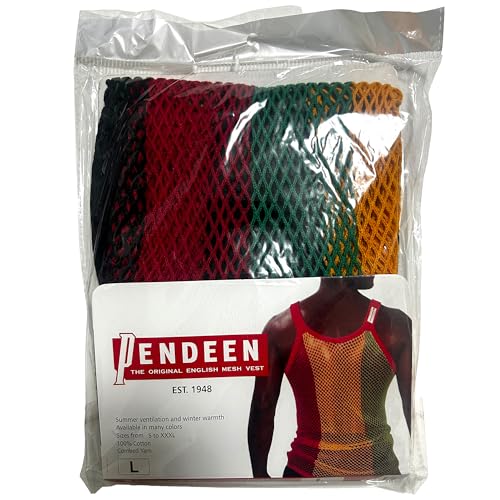 Pendeen Original English Mesh String Vest, Cotton Fishnet Tank Top, Black Red Green Gold Rasta Stripes, Large3