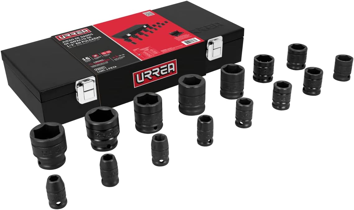 Urrea 7402C 1/2" Square Drive Impact Socket Set, Boxed, 15-Piece