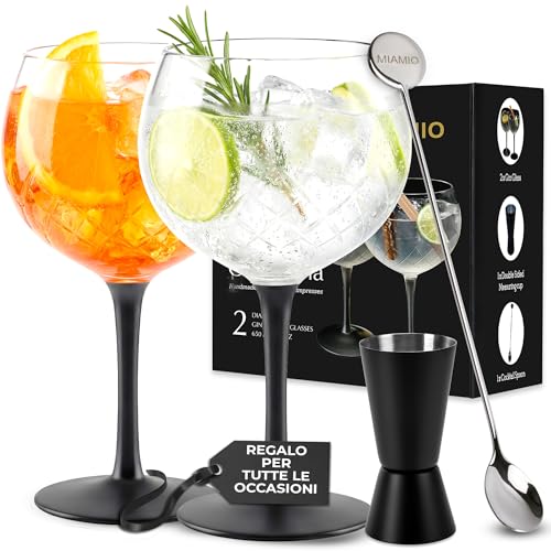MIAMIO - 2 bicchieri da gin e tonica da 650 ml - di alta qualità ideali per cocktail - Set regalo comprensivo di misurino e cucchiaio per mescolare