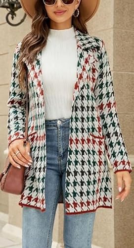 Women's Plaid Lapel Front Cardigan Sweater Button-Down Long Business Casual Knit Cardigan Sweater Suit Jacket2