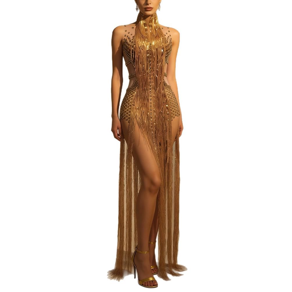 SXHEYUY Women Sequin Dress Bodycon Slim Fit Gold Tassels Sexy Maxi Sparkly Party Birthday Costumes Club Dresses,Gold,XL