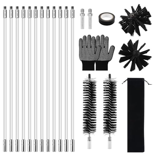 RNPKZ Chimney Sweep kit 21Pcs Chimney Cleaning Brush Kit with 12 Flexible Rods 2 Brush Heads 2 Dryer Lint Brush & Accessories Duct Vent Cleaning Set for Chimney Hood Ducts Dryer Vents Sewage Pipe