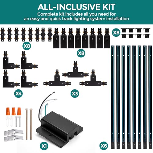 H Track Lighting Rails Kit - iCreating 26ft Black Track Lighting Track 3 Wire with Floating Canopy Connector, L Connector, I and T Connector for Single Circuit H Type LED Track Lighting Heads Fixtures