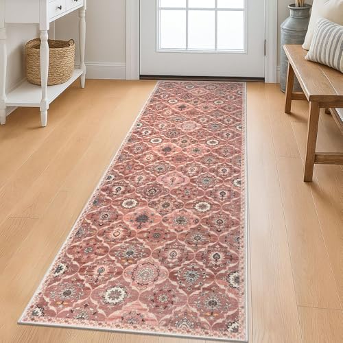 KILOCOCO 2x6 Runner Rug, Moroccan Super Soft Washable Hallway Entryway Runner Rug, Accent Print Faux Wool Kitchen Runner Rug 6 Feet Non-Slip Boho Rug Runner for Bedroom, Beige Terracotta