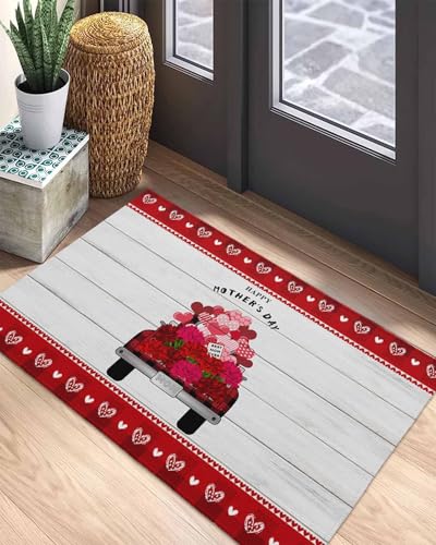 Felpudo Entrada Casa 40X60Cm, Coche con Forma De Corazón De Flores Rojas sobre Madera para El Día De La Madre Alfombra De Piso Premium Absorbente Acolchado para Tienda Puerta Decorativa
